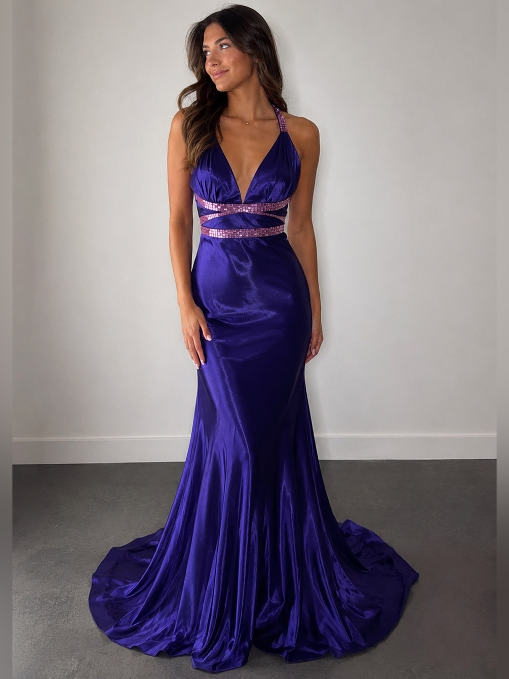 Maggie Sottero Deep Purple Satin Halter Gown with Pink Sequin Bands